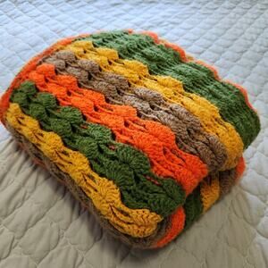 Afghan Throw Blanket Yellow Orange Green 70s Fall Handcrafted Vintage Grannycore